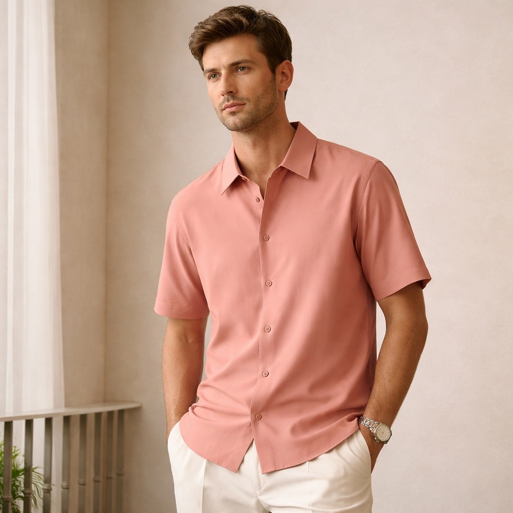 Sandro Paris Rose Clair Pink Linen Blend Short Sleeve Button Shirt Mens M NWT